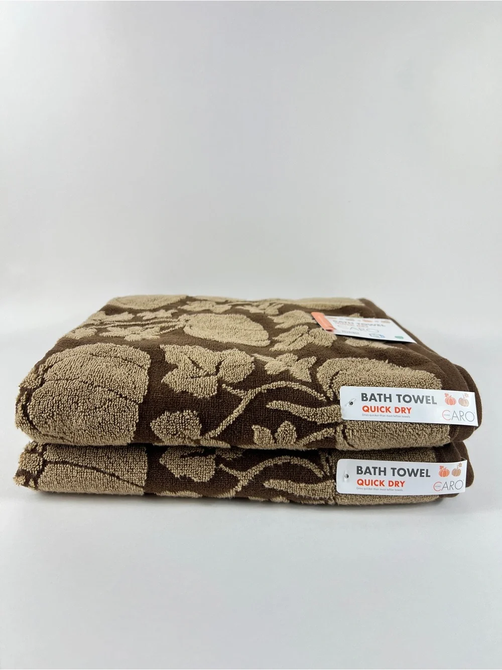 Caro Home Bath Towels Pumpkins Leaves Brown Tan Soft Cotton FALL Decor  2 Pc NEW